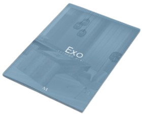 Ikona katalogu marki Exo - broszura z napisem i zarysem mebli gabinetowych.